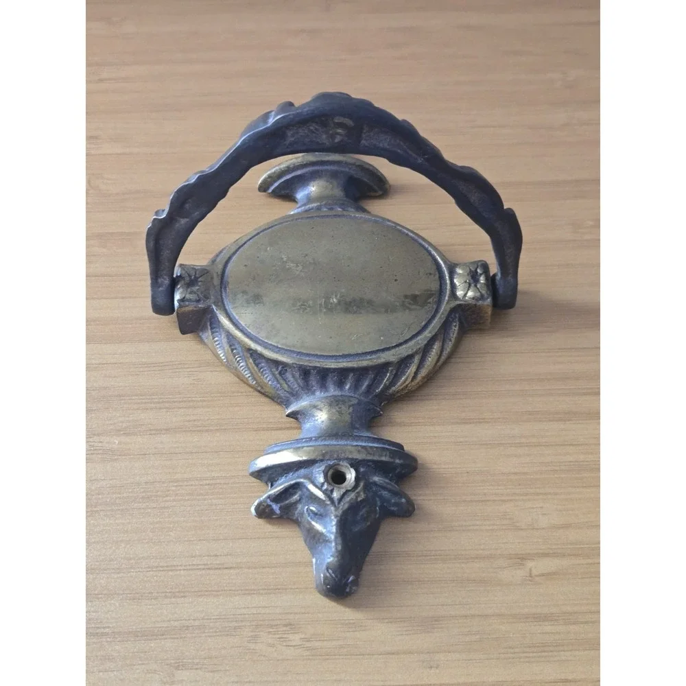 Vintage Neoclassical Solid Brass Door Knocker With Ram Head And Blank Cartouche